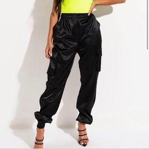 Black Satin Joggers / Cargo Pants